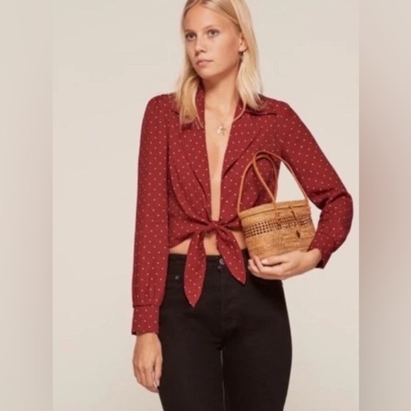 Reformation Dottie Red Polka Dot Tie Front Long Sleeve Cropped Blouse Crimson XS - Picture 2 of 10
